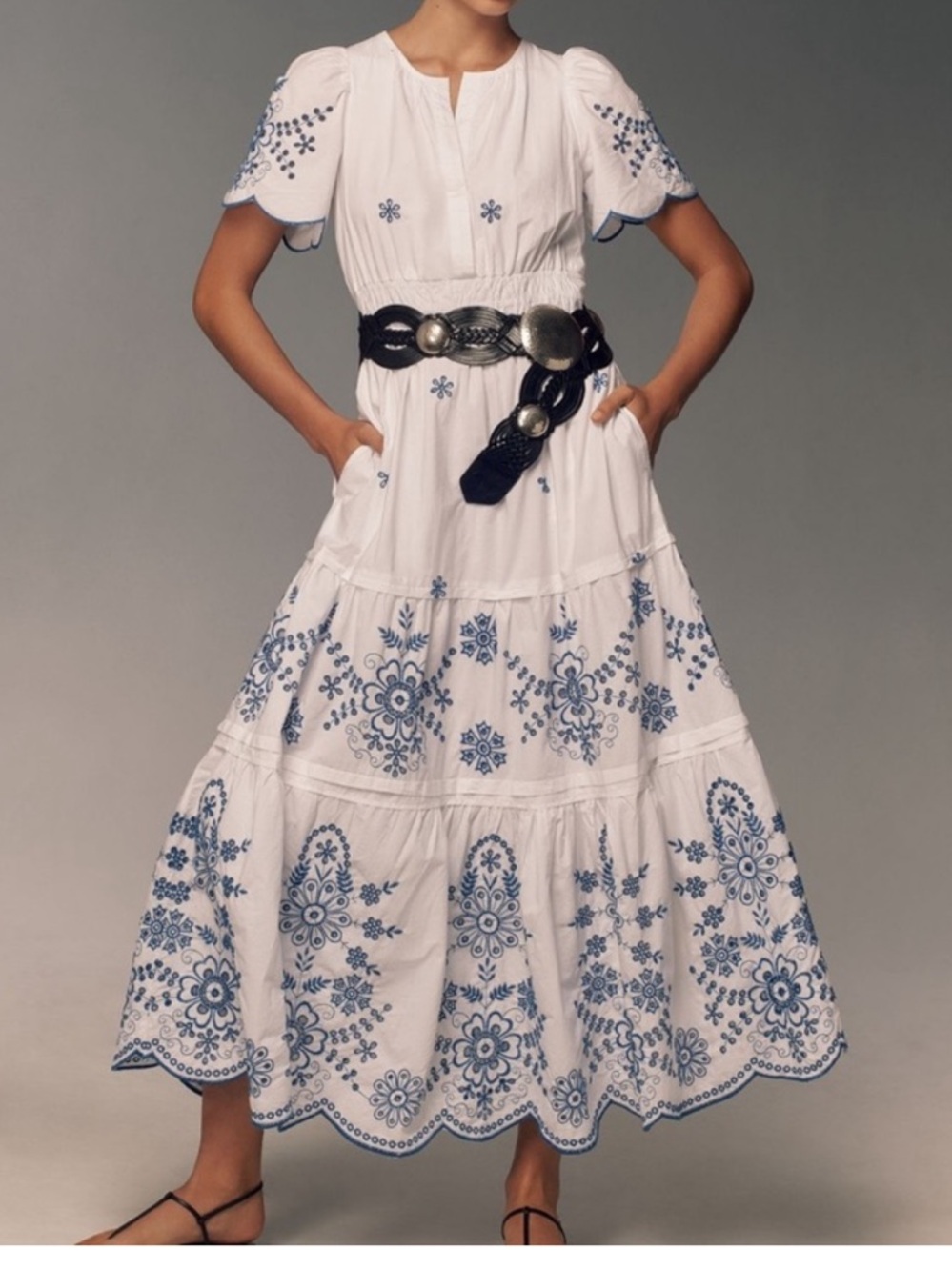 Anthropologie Somerset Dress. White Maxi. Blue Embroidery. Eyelet edition.